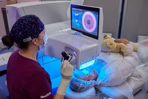 Zdravotníčka obsluhuje prístroj pri laserovej operácii oka